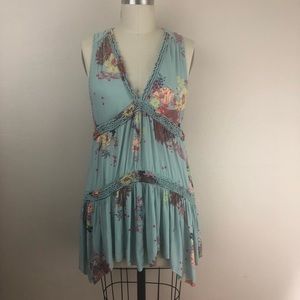 Free People Deep V Neck Dress Blue Floral Size M